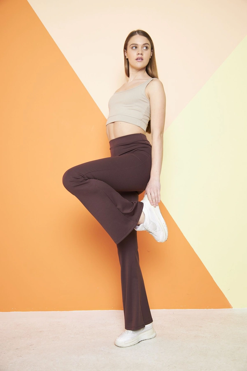 Siyah Yüksek Bel Fitilli Ispanyol Paça Interlok Örme Kadın Tayt Kahverengi