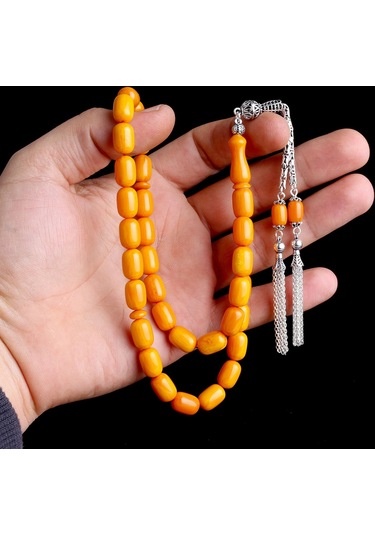 Tesbihsepetim 925 Ayar Gümüş Kral Zincir Püsküllü Kapsül Kesim Sıkma Kehribar Tesbih