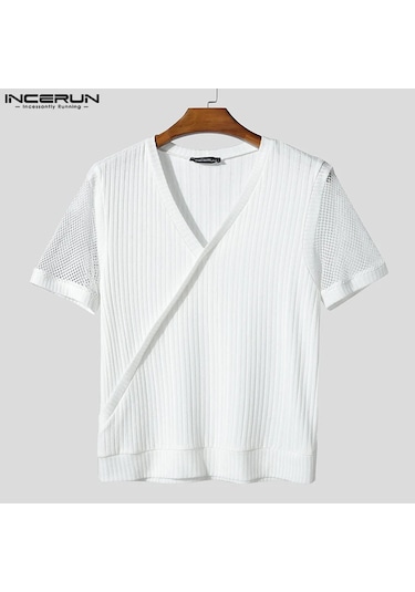 Incerun Erkek Yazlık V Yaka Kısa Kollu Patchwork T-shirt - Moda Streetwear Whıte