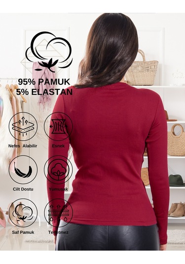 Pamuklu Kaşkorse V Yaka Body Sweatshirt, Fitilli Kumaş Likralı Bluz, Asker Yeşili Badi Bordo
