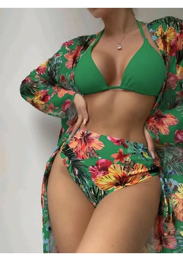 Bölünme Bikini Baskılı İpli Yüksek Bel Mayo Yeşil