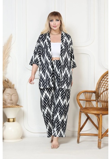Desenli Kimono Hırkalı 2li Alt Üst Takım Bürümcük Kumaş Yazlık 2xl-6xl Oversize Siyah