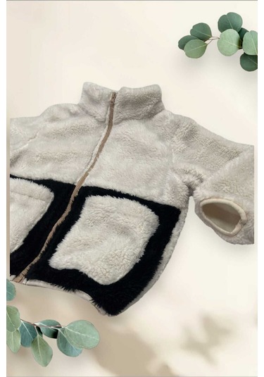 Kız Çocuk Peluş Ekru Siyah Cepli Fermuarlı Welsoft Kışlık Mont Ekru