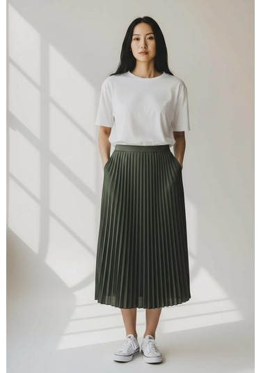 Pileli Pamuklu Dokuma Viskon Kışlık Etek 95 Cm - 38-48 Haki