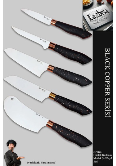 Black Copper Serisi Mutfak Bıçak Et Sebze 5 Li Şef Bıçağı Mft-568 Siyah