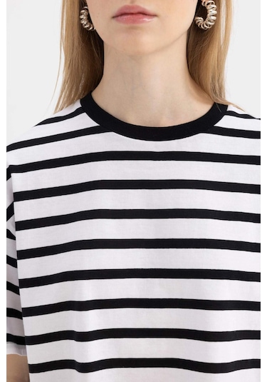 Defacto Coool Fitted Çizgili Kısa Kollu Tişört A9046AX24SMBK81 Siyah