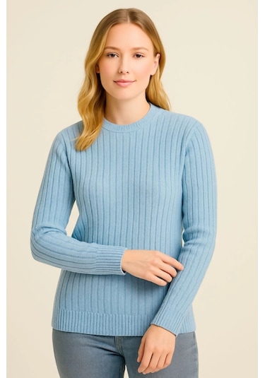 Bisiklet Yuvarlak Yaka Triko Kazak Pamuklu Kalın Fitilli Dokuma, Regular Fit Uzun Kollu Kışlık Model - Bebe Mavisi Bebe Mavisi