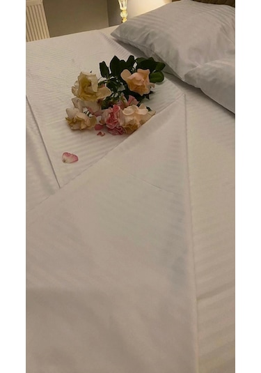Otel Tipi 10 Adet Nevresim Takımı, Çift Kişilik Çizgili Saten %100 Pamuk 200x220 Beyaz
