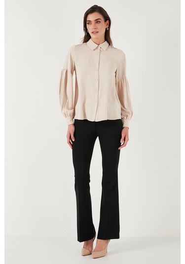 Lela Regular Fit Dikiş Detaylı Düz Yaka Balon Kol Bayan Gömlek 611Go00003 Taş