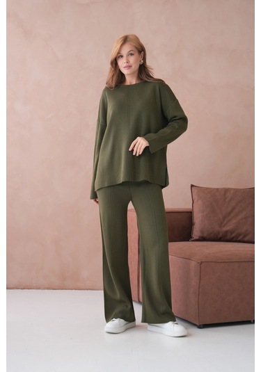 Kadın Bisiklet Yaka Düşük Kol Kazak Pantolon İkili Triko Takım Haki