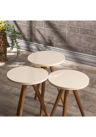 Zigon Sehpa Ve Orta Sehpa Set Ahşap Torna Elips Krem