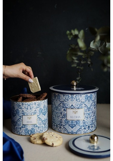 Lisbon Desenli Metal Saklama Kabı Seti - 2'li Set 1,7 Lt - 3,5 Lt Desenli