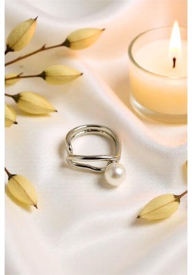 İncili Gümüş Renkli Ayarlanabilir Luna Çelik Yüzük Gümüş