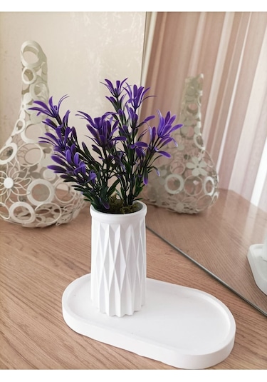 Mini Desenli Beton Saksı Tekli Ve Oval Tabak - Yapay Çiçek Hediyeli - Mor