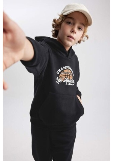 DeFacto Erkek Çocuk Baskılı Kanguru Cepli Kapüşonlu Sweatshirt B7821A8NSBK81 Siyah