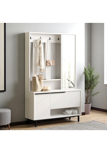 Robin Home Portmanto Vestiyer Ayakkabılık Aynalı Metal Ayaklı Beyaz Beyaz