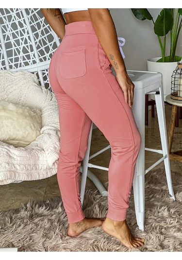 Modasize Kadın Kısa Kollu Madonna Yaka Viskon Crop Bluz Cepli Iki Iplik Eşofman Takım Pembe