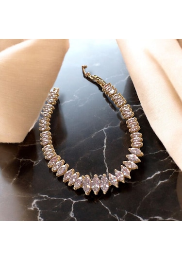 Kırmızı Sanat Evi Oval Damla İri Taşlı Sıralı Gold Klipsli Çelik Bileklik