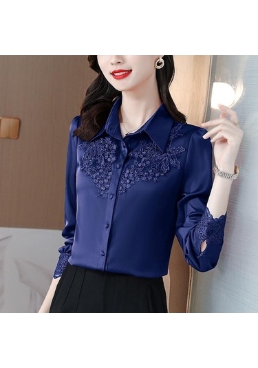 Novahub Moda Saten Kadın Bluz Dantel Ofis Kadın Zarif Uzun Kollu Kadın Gömlek Düğmeler Kadın Giyim Blusas 24636 Mavi - M Mavi