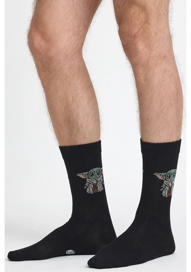 Erkek Pamuklu Özel Desenli Dikişsiz Yumuşak Dokulu Terletmez Rahat Esnek Soket Çorap Siyah-yoda
