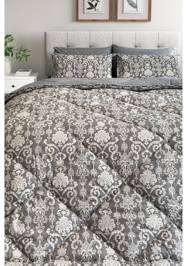 Lux Uyku Seti-tek Kişilik-lastikli Çarşaflı 2yastık Kılıflı-özel Çantada Modern Damask Gri