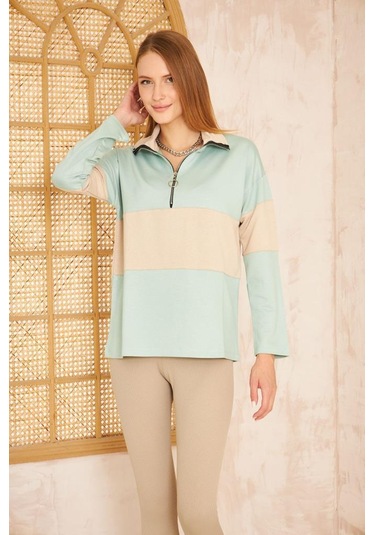 Kadın Uzun Kol Fermuarlı Polo Yaka Color Block Basic Salaş Sweatshirt Bluz 3471210 Mint