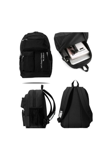 Siyah Astarlı Lüx Kumaş Çok Cepli Okul Sırt Gezi Çantası Siyah