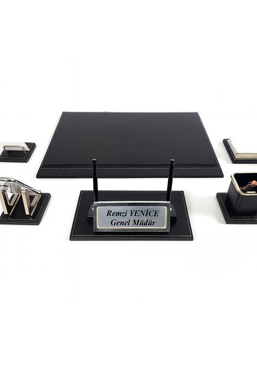 Melen Lüks Siyah Ahşap-deri Sümen Takımı Masa İsimlikli 6 Parça