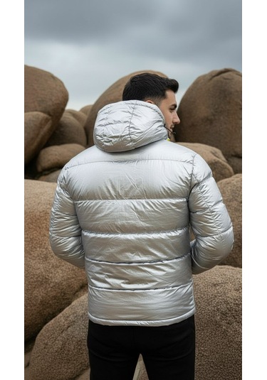 Erkek Gümüş Renk Kapüşonlu Şişme Mont Su Geçirmez Parlak Kaban Gümüş