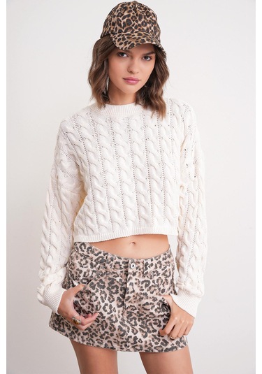 6863 Kadın Saç Örgülü Crop Triko Kazak Naturel Naturel
