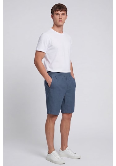 Sabri Özel Erkek Lacivert Normal Kesim Regular Fit %100 Keten Lastikli Bel Bermuda Şort