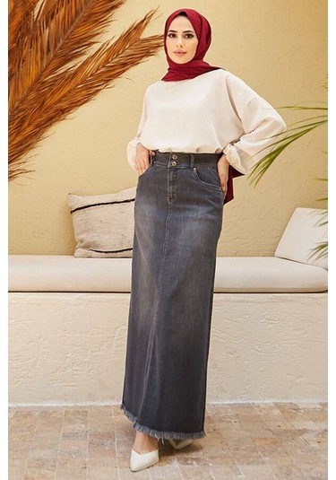 Neways 2252-Eteği Püsküllü Denim Etek Koyu Gri