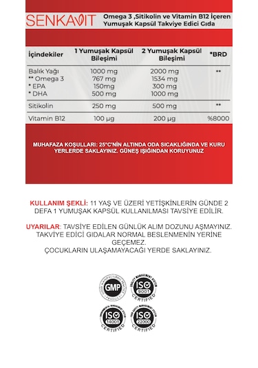 Senkavit Sitikolin+omega 3 Ve Vitamin B12 İçeren 30 Lu Yumuşak Kapsül