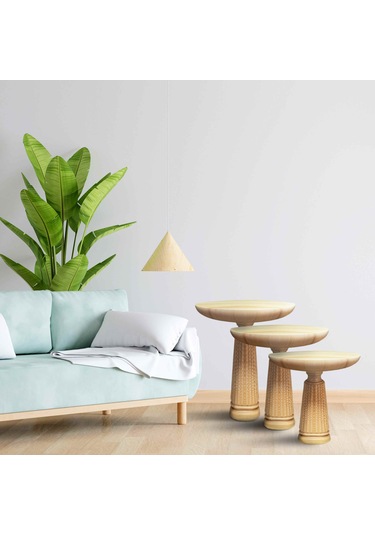 Naturel Renk Ahşap Mantar Sehpa 3 Lü Takım Doğal Zigon