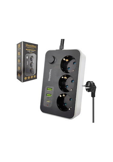 Showmax Sh-4626 3lü Akım Korumalı Priz 2 Metre Anahtarlı 10a 2500 Watt 2xusb 1xtype-c