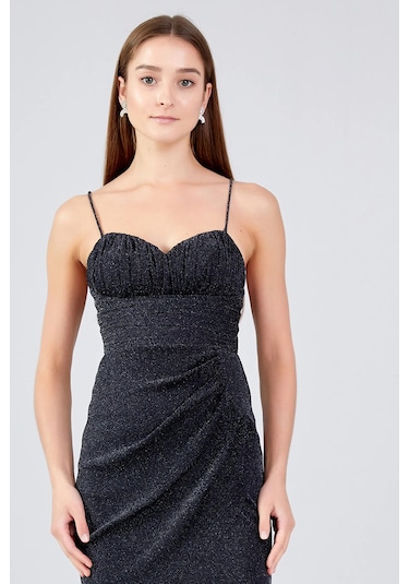 Doridorca Kadın İp Askılı Tül Mini Abiye Elbise 5077 Siyah Siyah