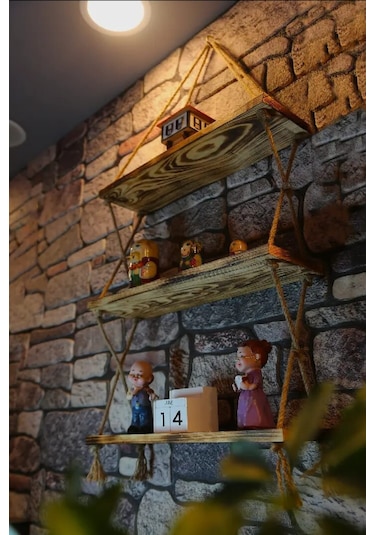 Brothers Craft Halatlı Ahşap Duvar Rafı 3 Katlı Rustik Dekoratif Raf, El Yapımı Jüt İpli Çam Raf Açık Ahşap Rengi