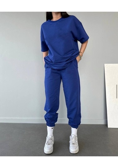 Basic T-shirt Eşofman Altı Jogger - Saks Mavi Düz Alt Üst Eşofman Takımı Oversize Bisiklet Yaka Saks Mavi
