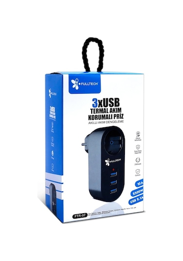 Fulltech FTR-07 3xUSB Akıllı Termal Akım Korumalı Priz Siyah
