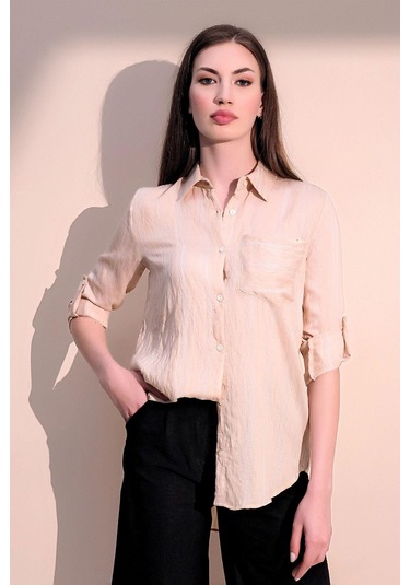 Kadın Bej Uzun Kol Özel Kumaş Tek Cep Gömlek Dik Çizgili Arkası Uzun Basic Kesim Gömlek Taş