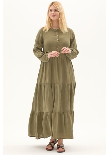 Uzun Kol Haki Düğmeli Yazlık Uzun Müslin Elbise