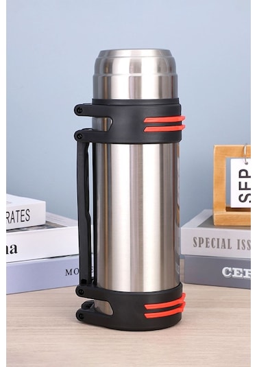 304 Çelik CİN488GR Vakumlu Kamp Piknik Büyük Askılı Termos Siyah 2 L