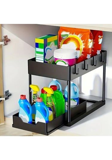 Honeybeeshop Beyaz 2 Katlı Kayar Lavabo Altı Organizatörü Dayanıklı Plastik Mutfak Dolabı Sepeti Temizlik Malzemeleri Ve Bulaşık Yıkama Araçları İçin Beyaz