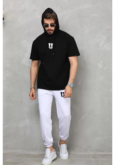 Tarzyeri Unisex Kapşonlu Oversize T-shirt Takım - Siyah 001