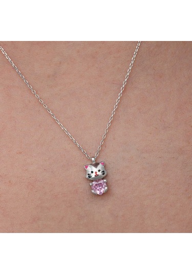 Blackcraft Gümüş Pembe Taşlı Sevimli Kedi Kadın Kolye Renkli