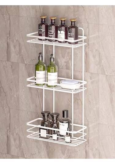 MultiStore Yapışkanlı Ömür Boyu Paslanmaz Banyo Düzenleyici Şampuanlık Beyaz LŞ03 Beyaz