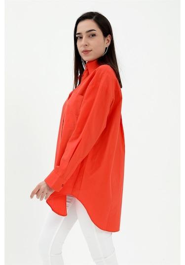 Tek Cepli Kolları Katlı Oversize Kalın Keten Gömlek - Turuncu-turuncu Turuncu