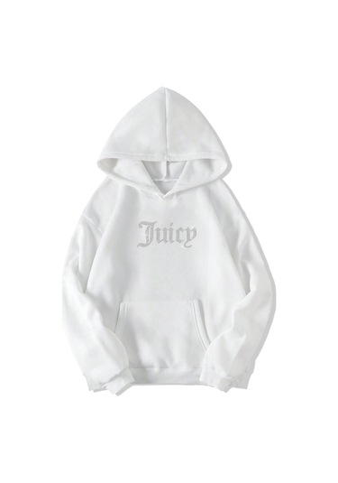 Brz Collection Beyaz Unisex Oversize Taş Baskılı Juicy Hoodie Beyaz Beyaz