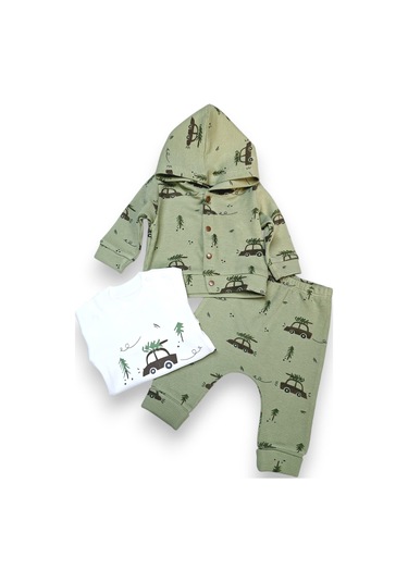 Araba Desenli Hırkalı Erkek Bebek Takım Yeşil