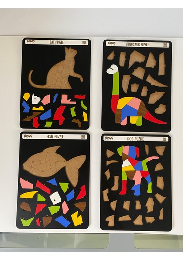 Dinozor, Kedi, Köpek Ve Balık Sevimli Hayvanlar Puzzle 4'Lü Set